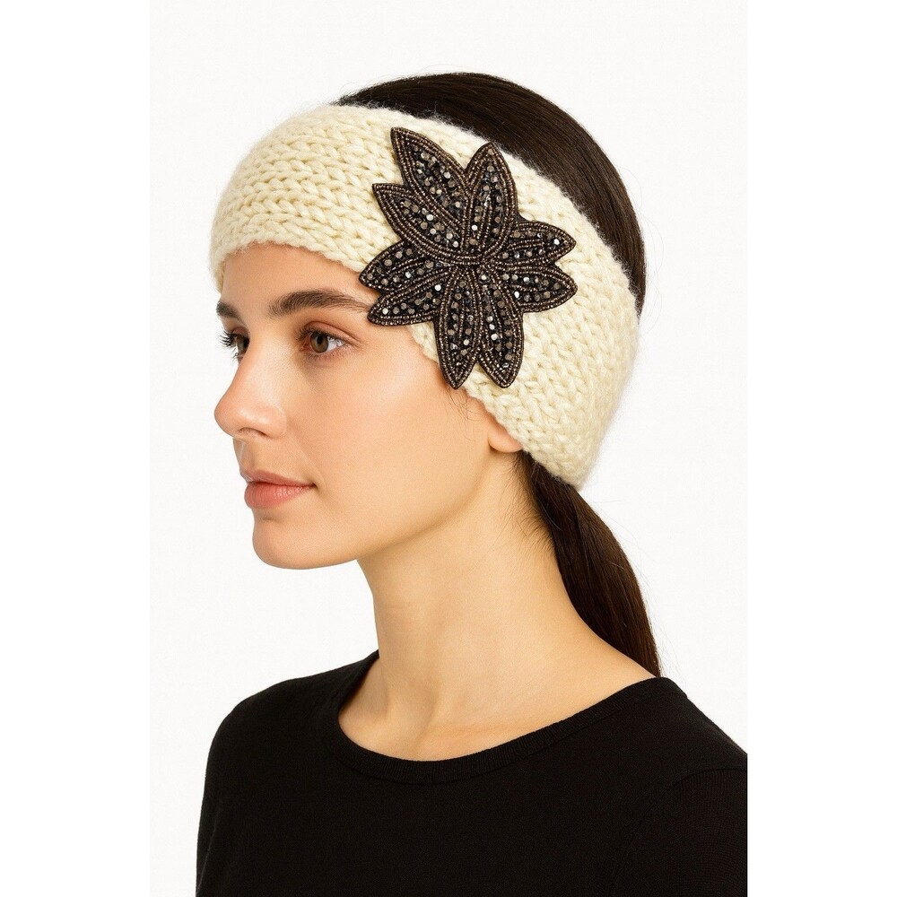 Beaded Statement Knit Headband Cream Boho Winter Ear Warmer One Size